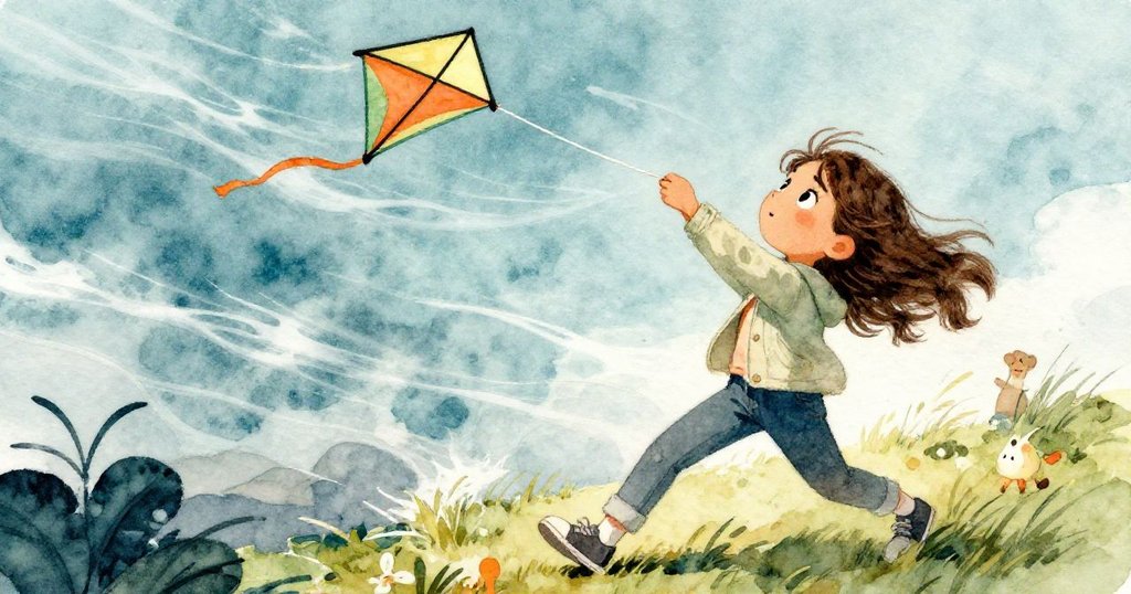 高潮:Zara奮力向後傾斜調控低飛風箏,衣角隨風飛揚,緊張動作展示決心與自然風勢。