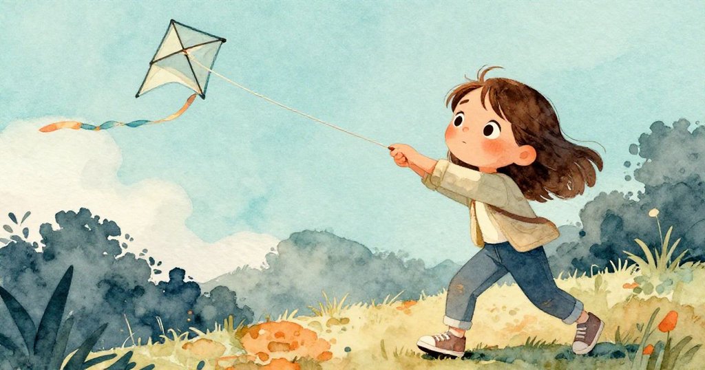 解決:Zara放鬆握住絲線,表情舒緩看著低飛風箏,背景透出柔和平靜的戶外氛圍。