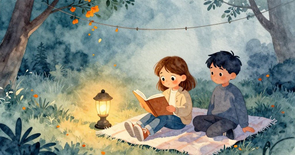 結尾:Ian在柔和燈光下於毯上閱讀,Zara安心觀望,微風中落花點綴絲線,營造出溫馨平和的結局。