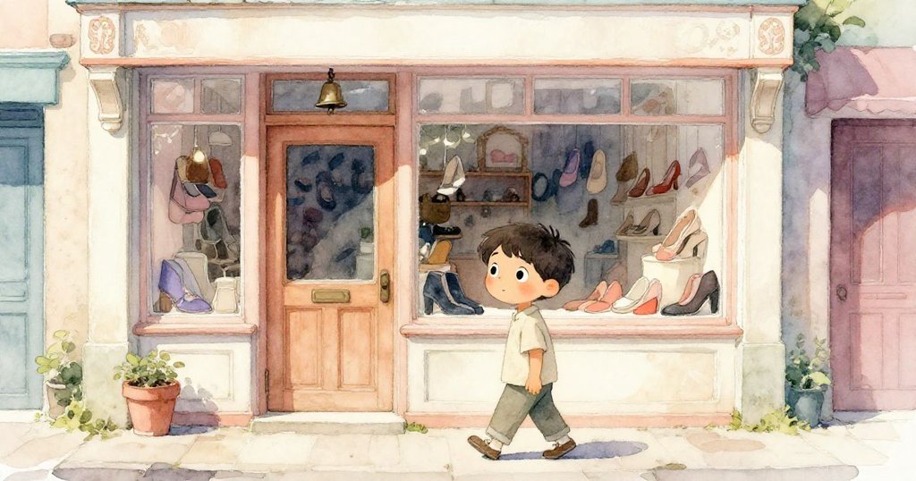 阿莫斯走向溫暖光線中的老舊鞋店，充滿好奇與期待，店面老木質門和小鈴鐺輕輕呼應街景。