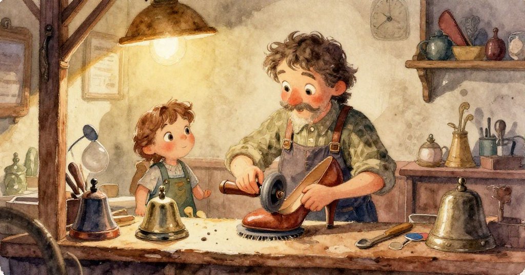 細膩特寫中，旋轉的拋光機輕觸風化皮鞋，票根隱約於木紋與塵埃間展現歷史痕跡。