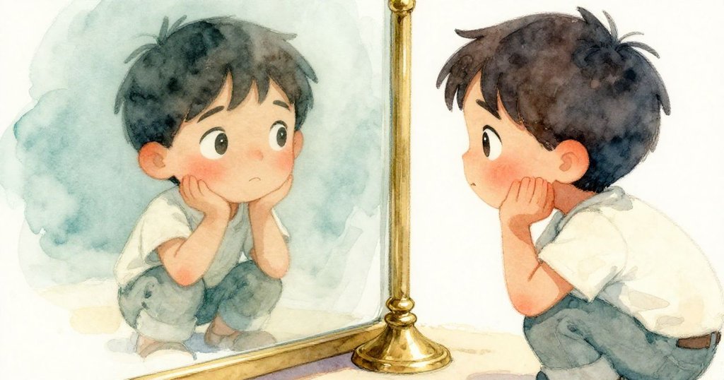 阿莫斯在拋光銅踏板上看見自己專注與驚奇的倒影，柔和光線下展現細緻情感與工作氛圍。