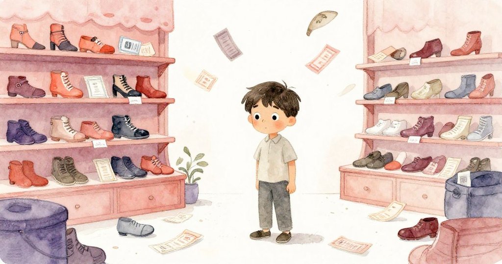 店內一半整齊鞋票、一半亂散票根中，阿莫斯站於中間神情矛盾，微風吹起飄散紙屑形成雙重現實。