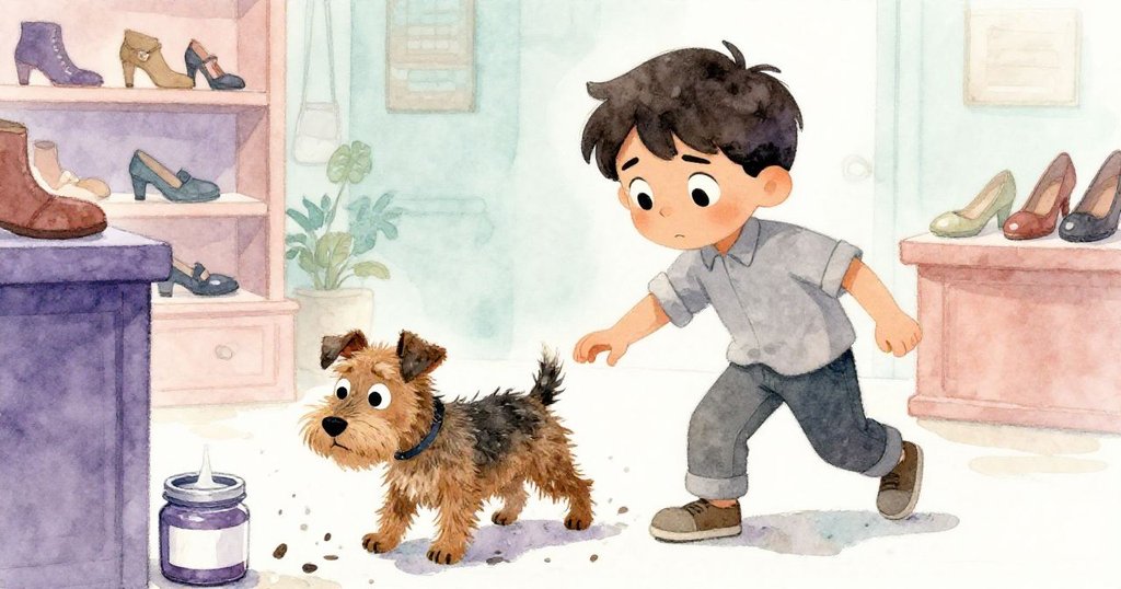 阿莫斯急忙引導濕毛小狗退回門外，泥濘爪印留在店內，神情中流露出關心與果斷行動。