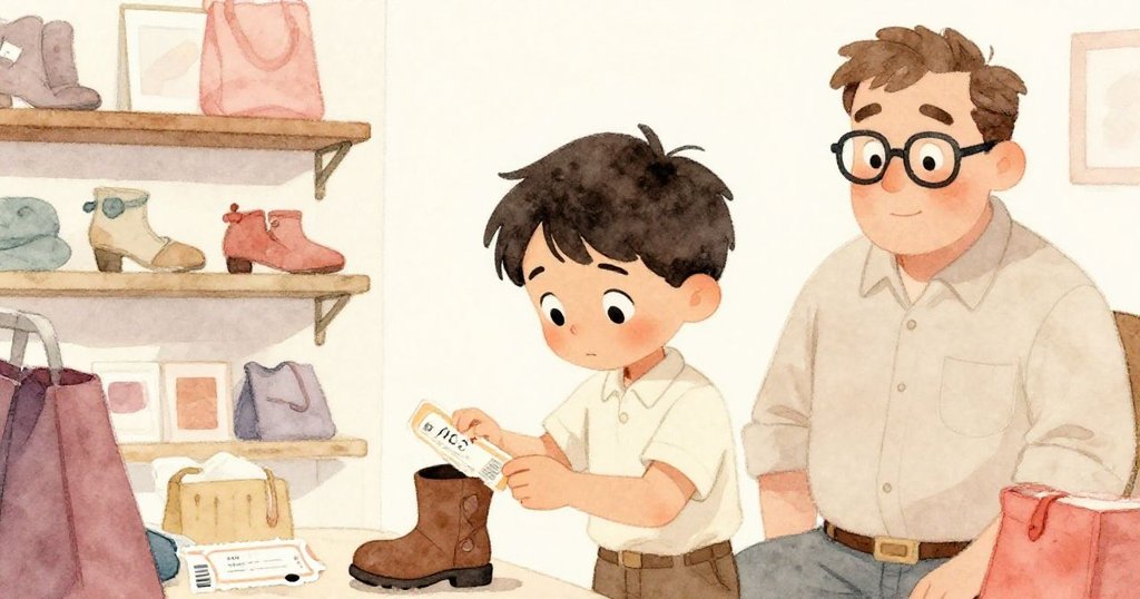 阿莫斯彎腰小心拾起附有微光票根，與印有碳痕棕鞋完美結合，父親在背景中欣慰微笑，全場恢復溫馨秩序。