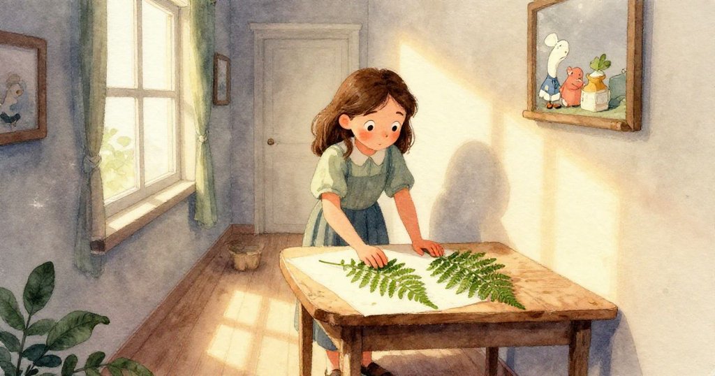 塔拉伸出手指輕觸漂移的鋼灰色墨水瓶，桌上散落著按壓蕨葉與報紙，光線柔和，細節豐富