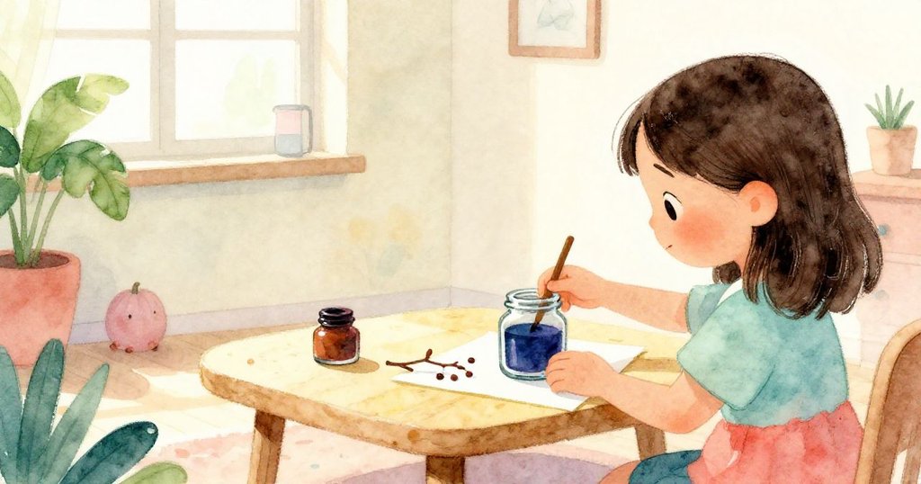 從塔拉肩後視角看她仔細轉動墨水瓶，用摺疊的報紙和小樹枝穩定傾斜的桌子，室內充滿家庭溫馨