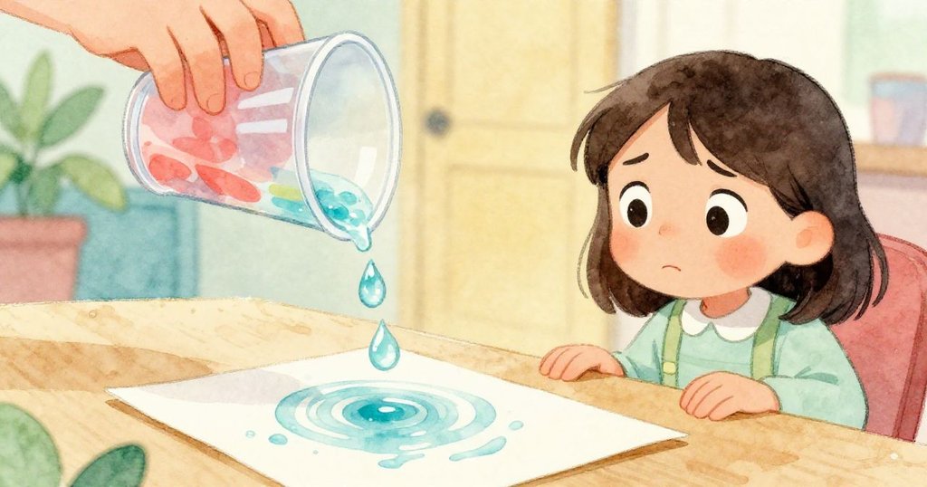 塔拉注視著從塑料杯滑落的水珠懸浮在報紙上，她的神情充滿關切與創作決心，瞬間凝固展現藝術張力