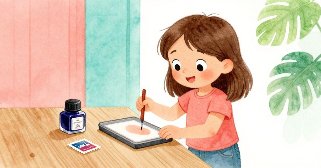 Josie 手持收藏冊和印章墊，仔細比對淡桃色印痕與深色墨水，畫面充滿對比與細緻的物品細節。