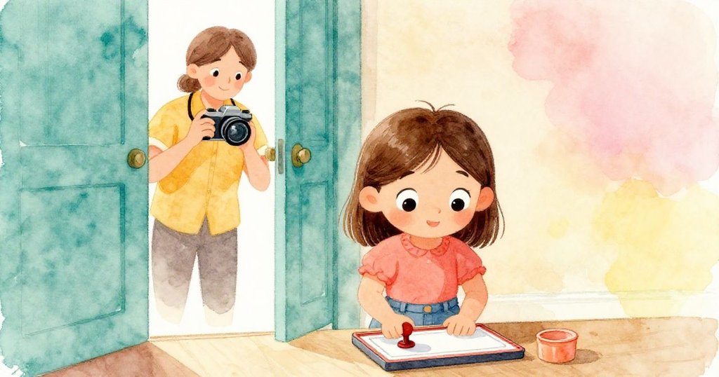 透過半開門窗觀察，Josie 與守護者互動，守護者用相機捕捉印章時光，充滿溫情與專注瞬間。