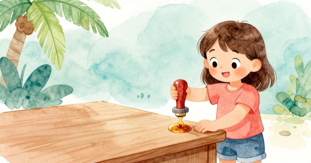 桌上乾淨的琥珀色印章定格記錄，滑落的光澤珠子順著木紋緩緩前行，象徵新開始與和諧結局。