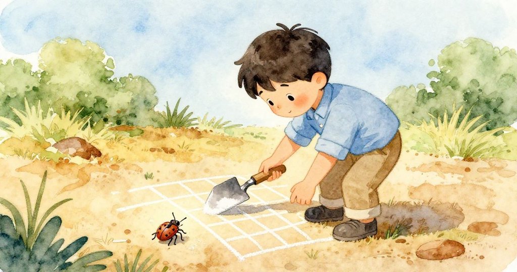 多里安在晨光中拿著泥刀仔細檢查帶粉筆塵的牆面,角度傾斜展現出他專注與好奇的神情,遠處有圍欄與峽谷。