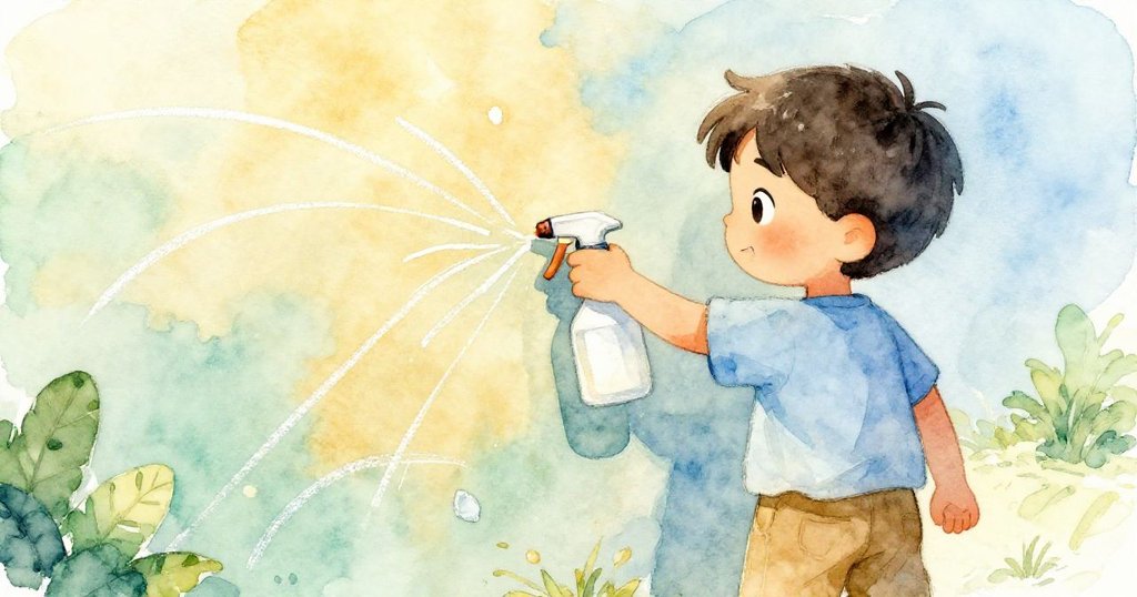 多里安正用噴霧瓶潤濕粉筆牆面,露出流線回紋和微小粉筆片,他的神情專注散發著細膩呵護。