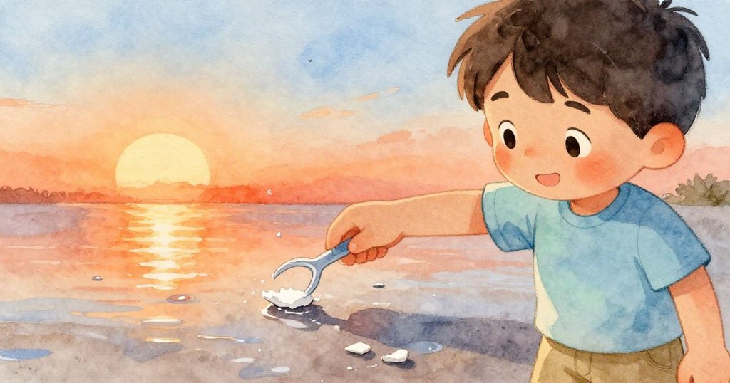 多里安專注地用牙科挑棒調整濕潤粉筆片,水珠反射夕陽橙光,他的手法溫柔細緻。