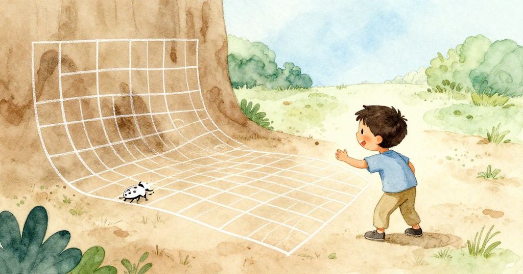 多里安站在超現實曲線與碎片幾何圖形前,揮手示意檢視細節,微小甲蟲輪廓隱現,背景透露大自然氣息。