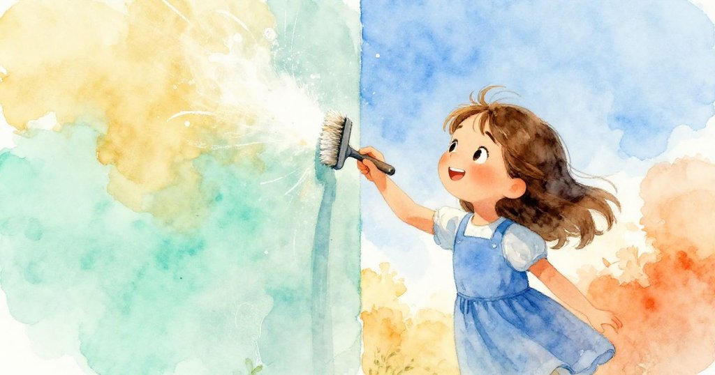 莉莉在明亮陽光下用柔軟刷子清理鄰近粉筆牆面,動作靈活,笑容透露堅定與溫暖,粉筆塵隨步伐飛揚。