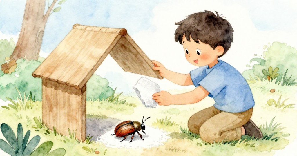 多里安輕柔地放置粉筆片為甲蟲搭建小屋,臉上流露感激與驕傲,溫暖柔光中展現完成細膩工藝的瞬間。