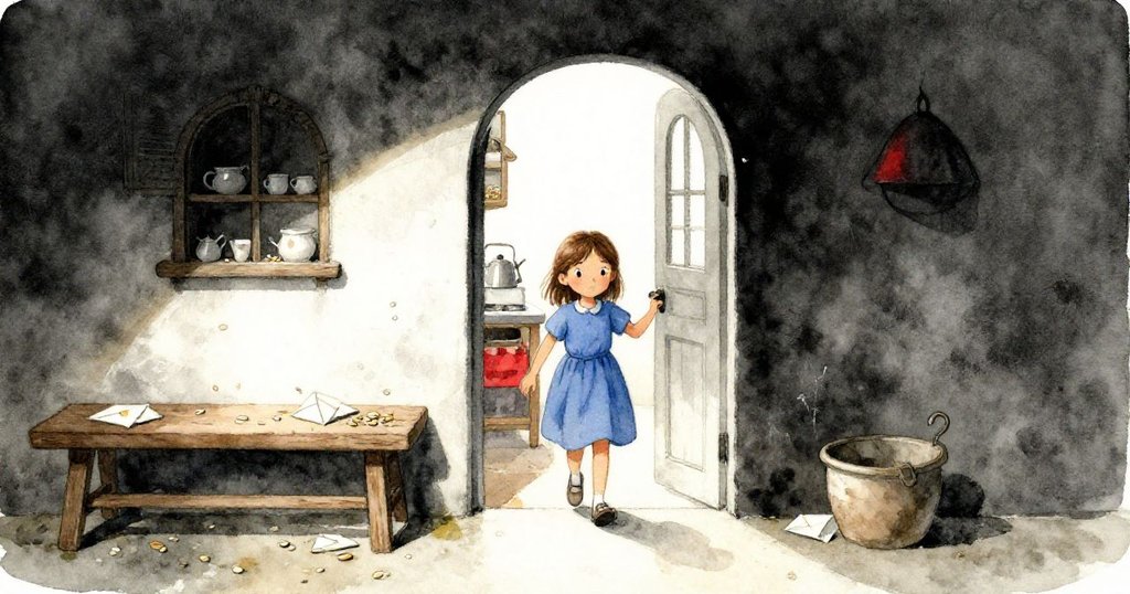 斯特拉走進鄉村廚房，開放門口送入微風，木桌上散落著種子與信封，神情堅定展開任務。