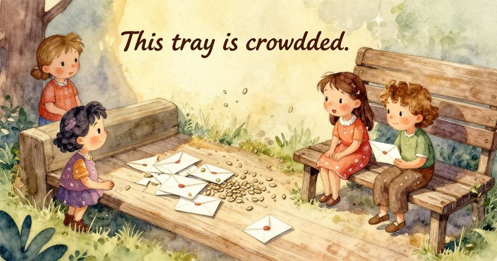 以傾斜視角展示桌上木盤中零散的種子與信封，種子彷彿在音樂中飛舞，帶來動感與神秘氣息。