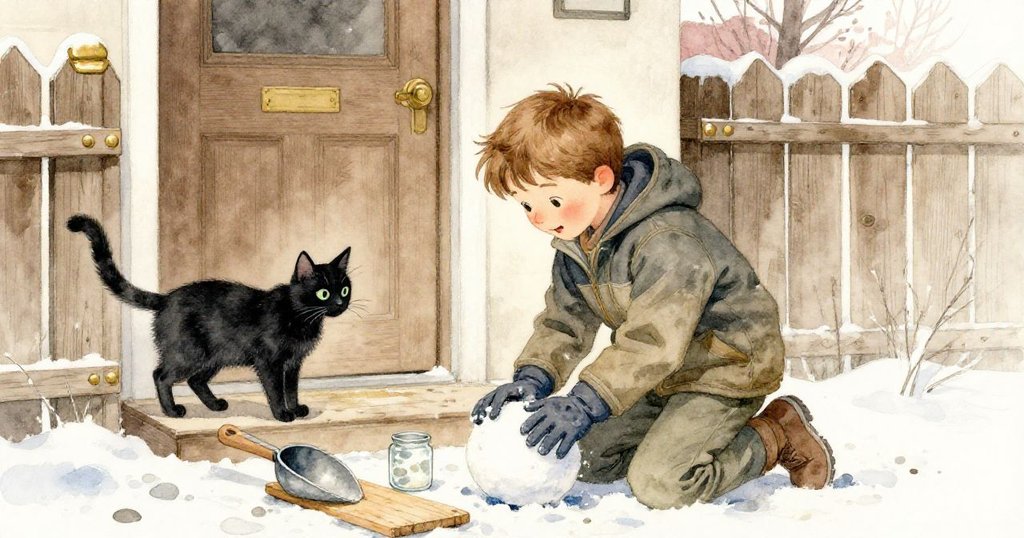 Finn在前門階上跪著滾雪球，手戴濕手套，旁有凹痕鐵鏟、木板和玻璃罐，黑貓站在柚木柵欄上，神情專注。