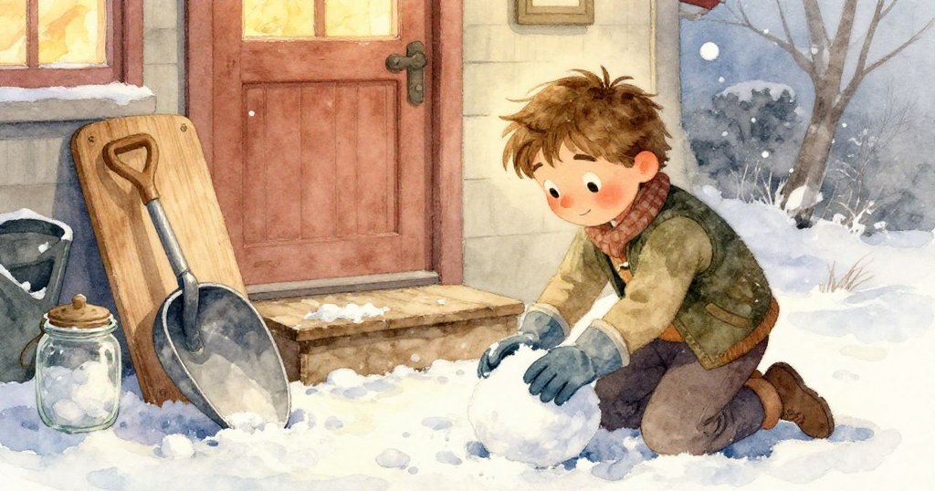 Finn的手戴著濕手套仔細塑造雪球，鏟具隱現於空曠雪地中，背景留白強調雪的細膩質感。