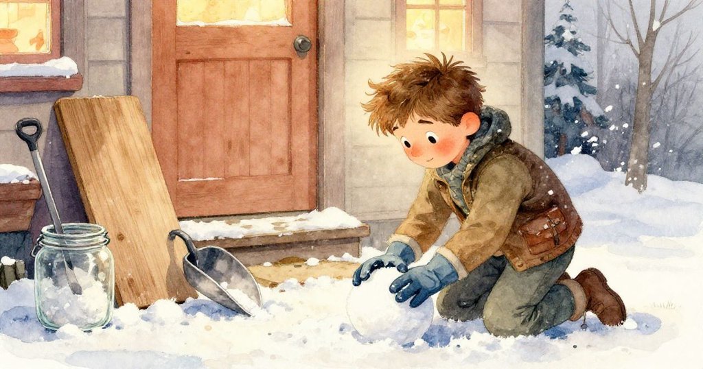 透過發光玻璃罐內微弱的蠟燭光，映出Finn工作的身影，寒冷雪景與溫暖光芒相映成趣。