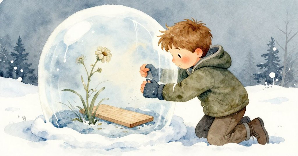 Finn用力按壓雪雕內層，露出細微凹槽，脆弱野花莖輕敲木板，展現創作細節與冬日神秘質感。