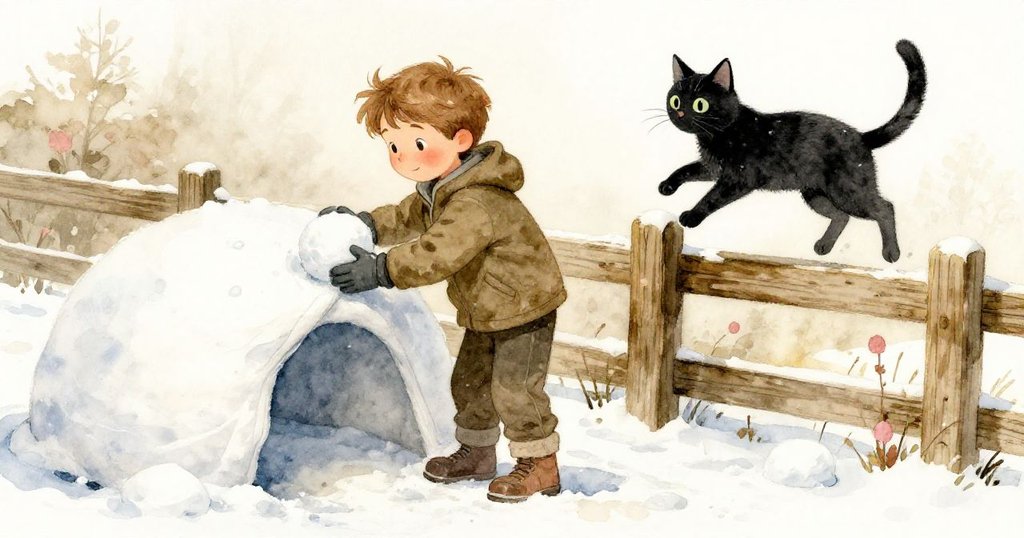 Finn小心放置額外雪球支撐下垂雕塑，黑貓因聲響從柚木柵欄急速躍下，動作生動情緒明顯。