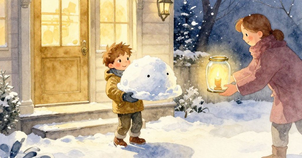 Finn戴濕手套托起完成的雪雕搬至門階，旁有照料者放入蠟燭，溫暖光芒中冬日傍晚漸隱，故事落幕。