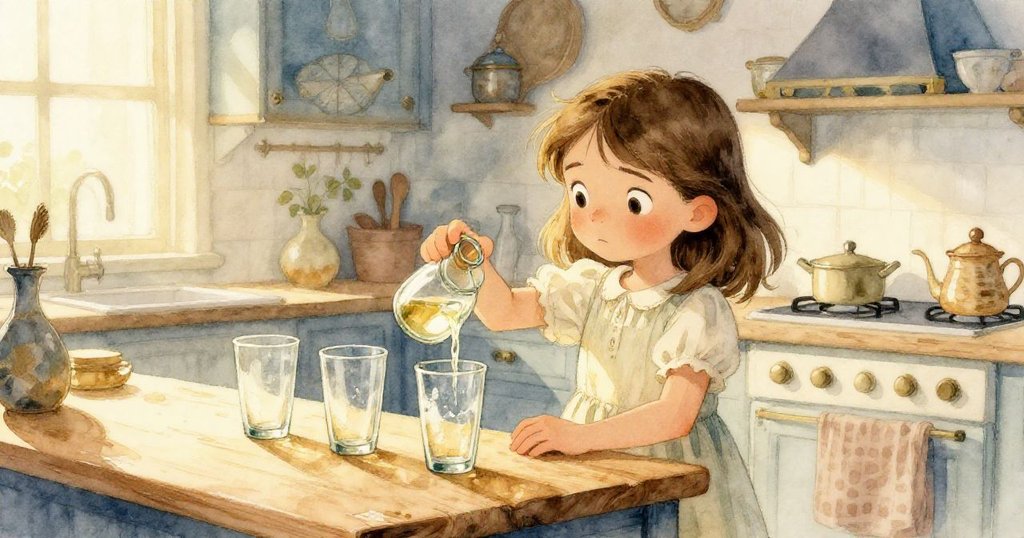 Maeve操作著小玻璃瓶, 藍色液體在玻璃杯旁閃爍, 廚房溫暖明亮, 充滿期待與好奇情緒