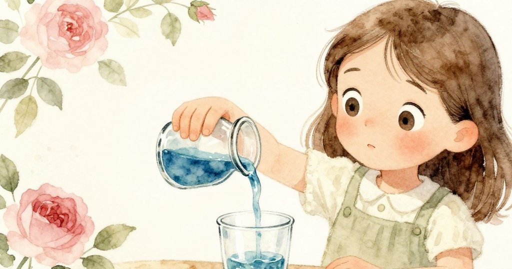 Maeve專注地將手指放在瓶頸下, 藍色染料滴入中心杯, 臉上透露著期待與溫柔的希望, 廚房淡雅背景