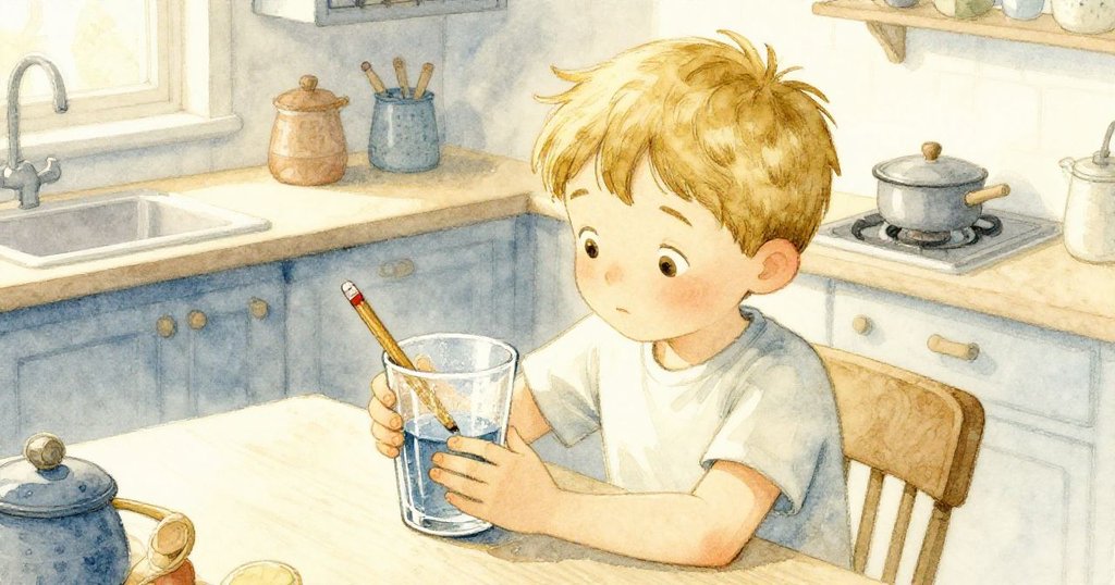 Theo在廚房仔細穩定中心杯, 眼中透露認真, 頭上視角中筆輕輕碰撞肘部, 實驗細膩而溫暖