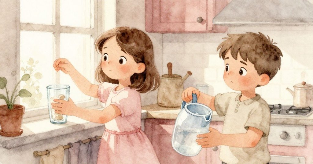 Maeve輕移中心杯上窗台, Theo補充其他杯水, 兩兄妹協同操作, 表現堅定的決心, 廚房背景溫馨柔和