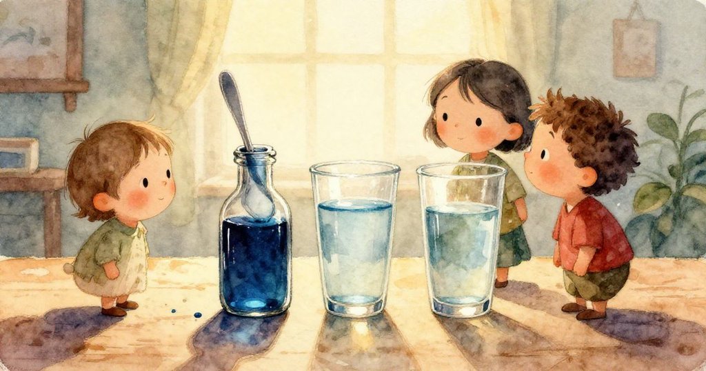 空無一人的廚房中, 窗台上的杯子留下一道深藍陰影, 淡紅淡黃色澤若隱若現, 夕陽下寧靜而溫柔的告別