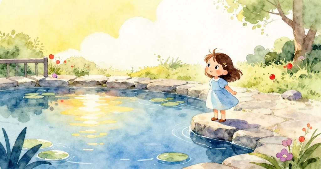 伊拉站在陽光下的池塘邊石頭欄杆上，好奇地望著飛舞的光點，背景有荷葉和閃爍水面，展現開頭的期待感