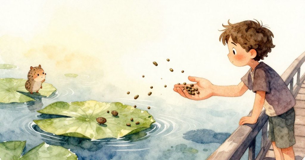 伊拉的手輕輕懸浮在露珠點綴的荷葉上，閃亮的小顆粒映出光芒，細節展現專注心情與故事發展