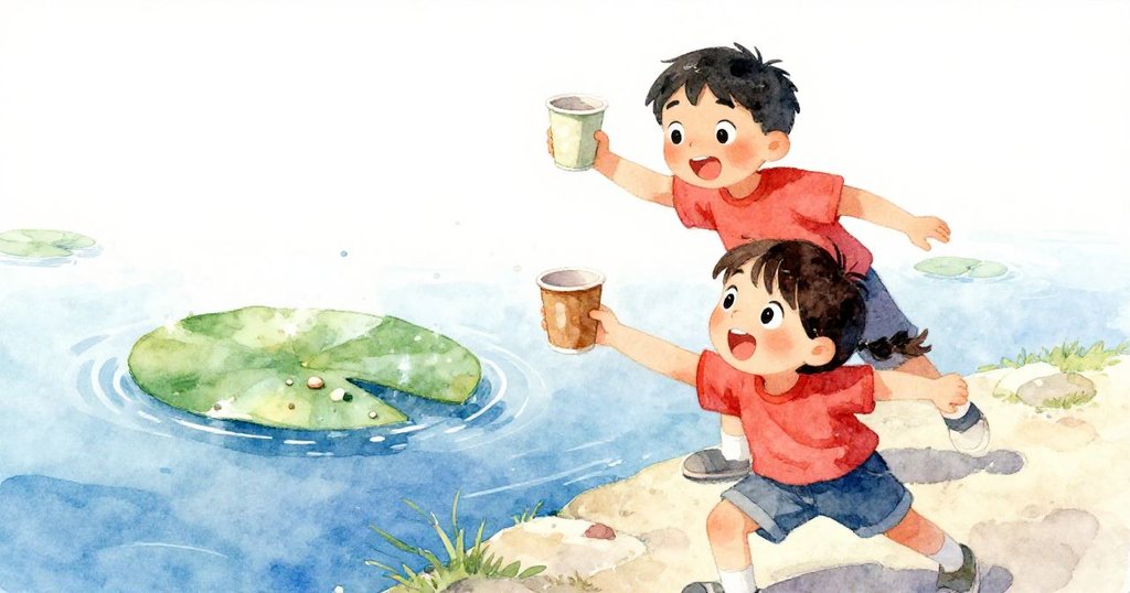 從伊拉視角望去，荷葉承載著食物滑動，薩姆在後手持搖晃的紙杯，展現故事發展中的動態與互動