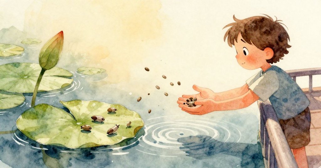 突起的微風吹動荷葉，水花四濺中食物滑落，陽光下形成閃亮變化，展現故事情節轉折與緊張感