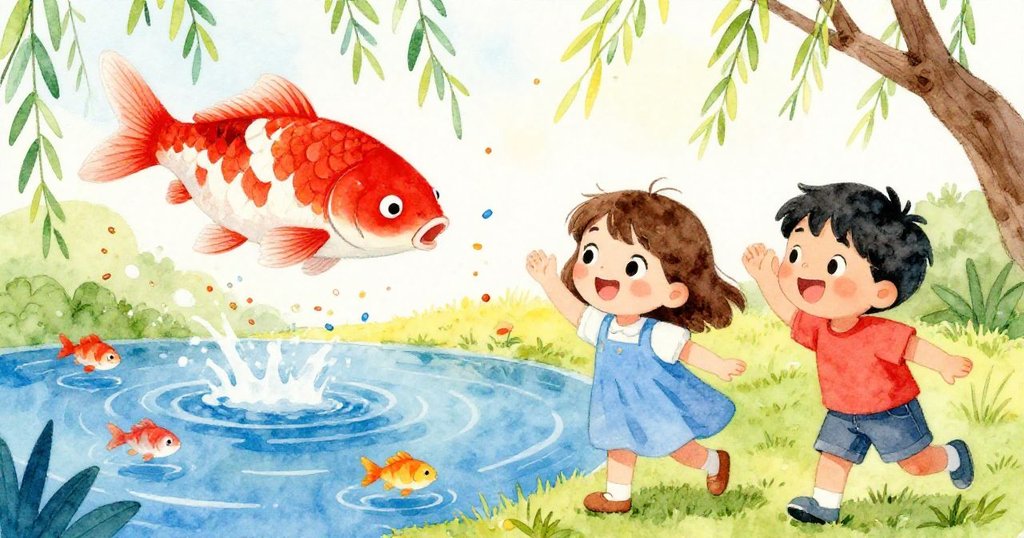 在垂柳掩映下，鯉魚張嘴捕食食物，伊拉與薩姆欣喜觀看，池中小魚穿梭，展現歡樂與轉折的高潮