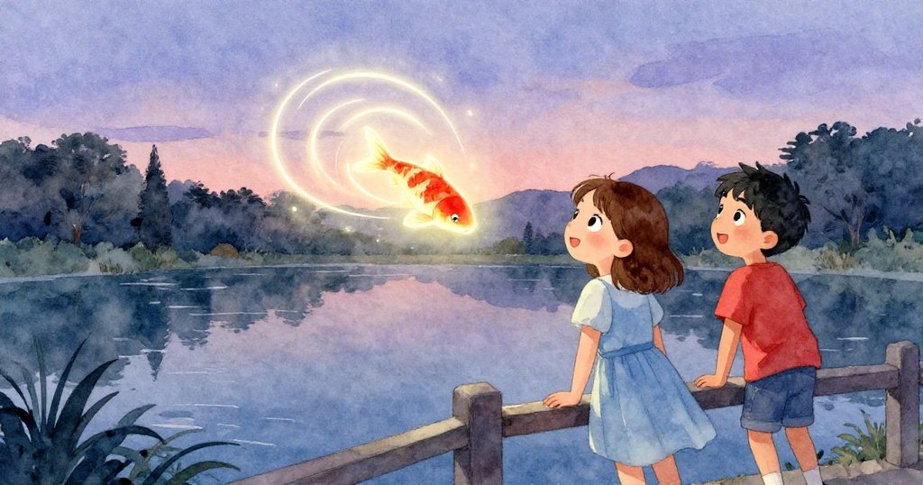 在暮光中，伊拉與薩姆依靠欄杆靜觀鯉魚尾光輕舞，池中魚影拖曳，展現結尾的神秘與寧靜情懷