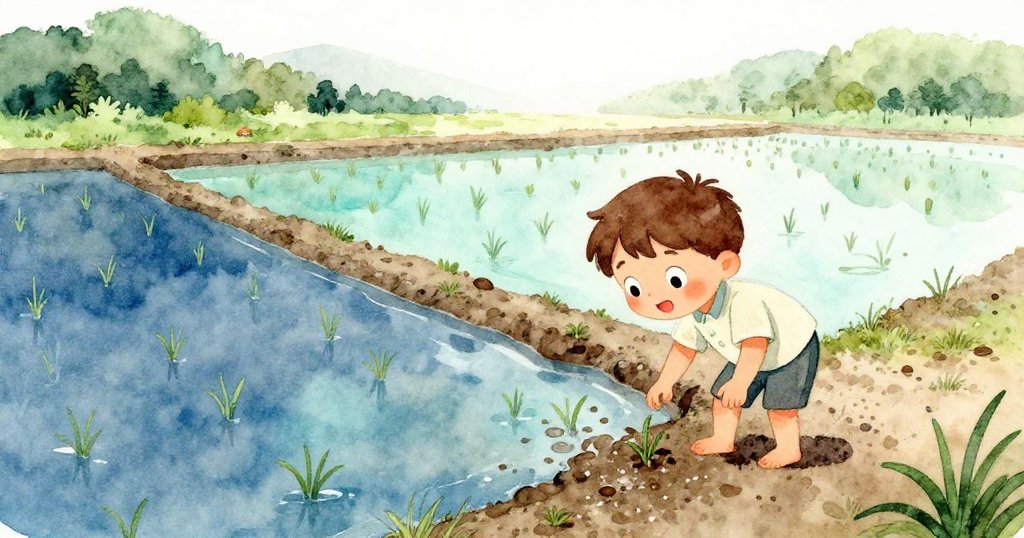 克萊德在陽光普照的稻田邊，專注地彎腰舀取涼爽的泥土，背景有水道和綠色幼苗。