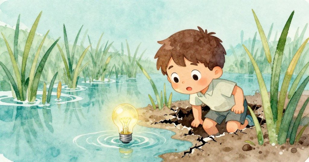 克萊德從泥裂縫中窺視，專注看著浮在蘆葦上的燈泡，周圍透露著水流與自然細節。