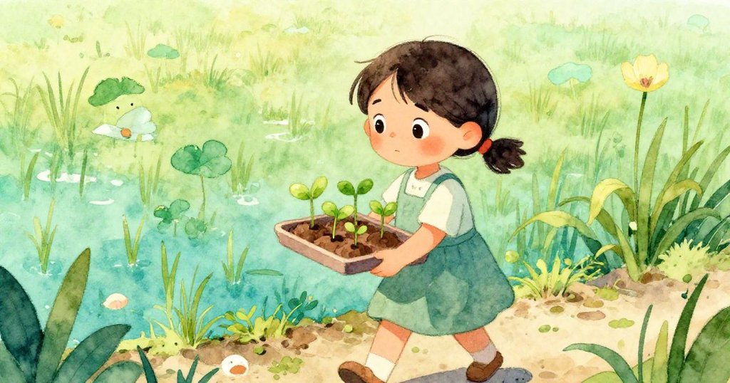 科拉站在遠岸，手提托盤送來鮮嫩幼苗與泥片，背景呈現午後溫暖陽光和綠意盎然的稻田。