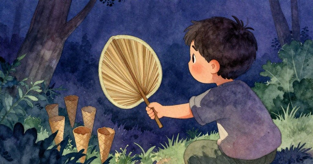 萊爾從背後專注地伸手取向旁邊的竹扇,背景中飄散著香氣重疊的樣品錐,充滿探索之意。