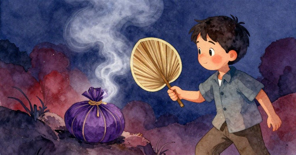 萊爾果斷舞動竹扇,輕拂開沉重的雪松煙霧,一捆近似紫色香束隨之顯現,展現關鍵轉折。