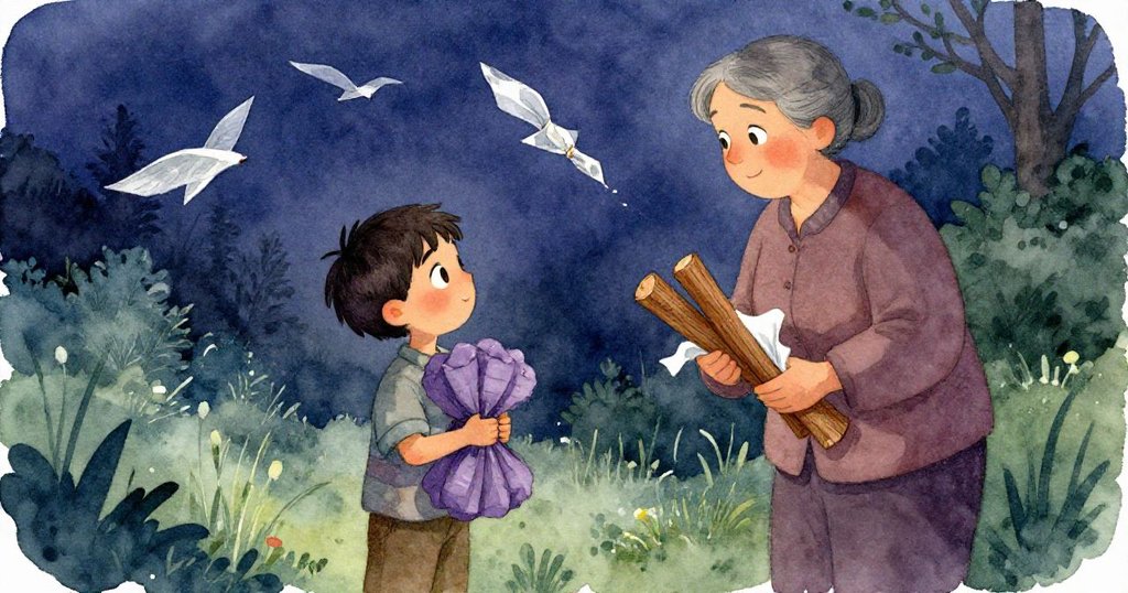 在落日餘暉中,萊爾握緊薰衣草香束,姨姨捧著雪松棒,紙包輕揚似紙翼,展現滿足與和解情感。