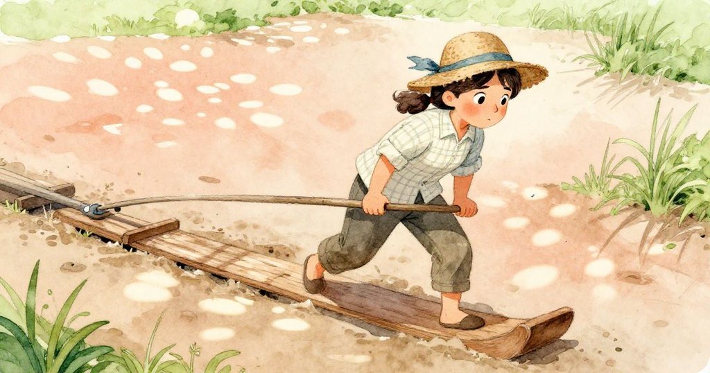 珍珠站在乾燥河岸上努力拉起腫脹木板,背景是陽光灑落的稻田,她神情堅定,動作充滿決心。