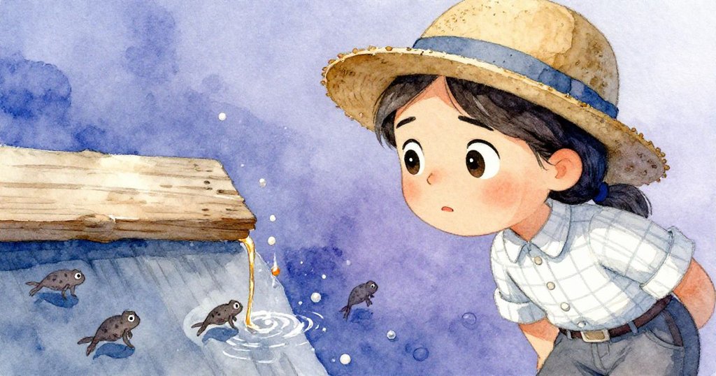 珍珠特寫的眼睛流露出專注與驚奇,注視著木板縫中流出的琥珀水流與四散的小蝌蚪,情感豐富。