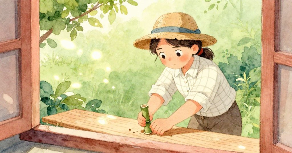 珍珠透過木板縫隙仔細操作雙手,將竹釘滑入濕潤木板,背景散發柔和暖色光線,充滿謹慎希望。