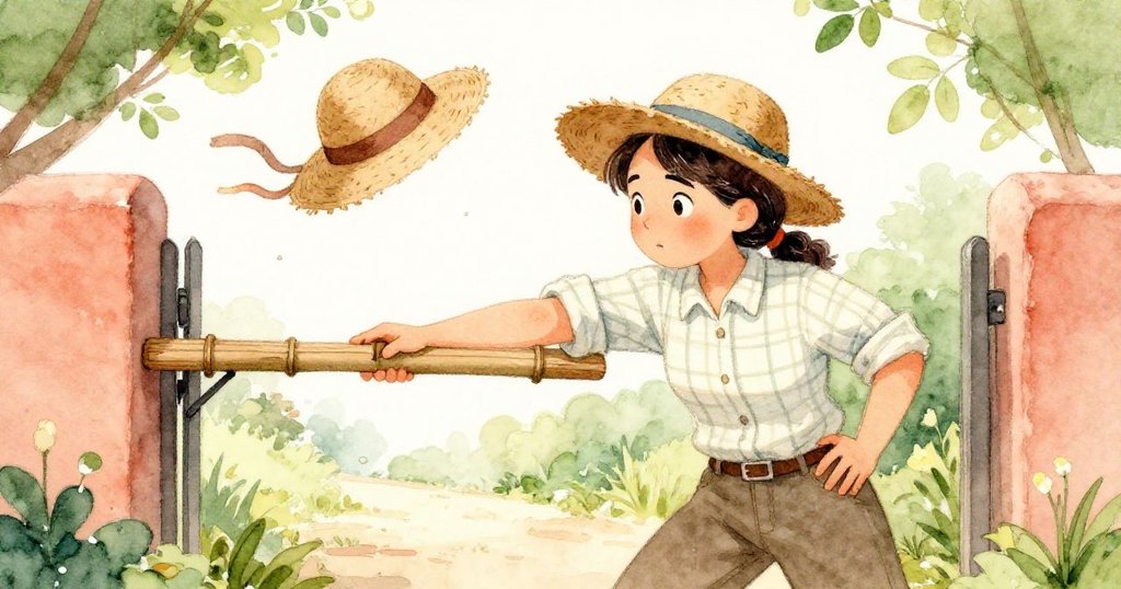 珍珠快速調整姿勢,以肘抵住木閘,滑入竹釘穩定木板,她的草帽絲帶隨動作輕舞,展現堅毅與活力。